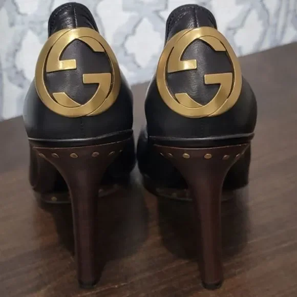 Gucci Black Leather Stud GG Logo Heels 38